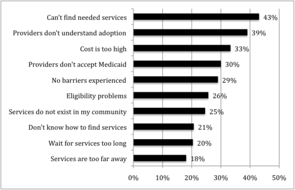 A bar graph which shows the percentage of barriers to find services 
